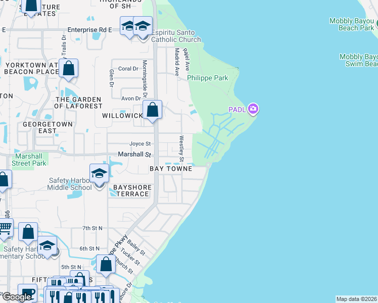 map of restaurants, bars, coffee shops, grocery stores, and more near 369 Estero Court in Safety Harbor