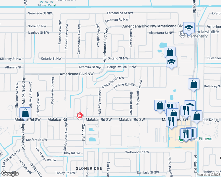 map of restaurants, bars, coffee shops, grocery stores, and more near 513 Australian Road Northwest in Palm Bay