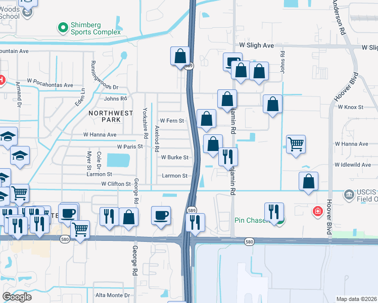 map of restaurants, bars, coffee shops, grocery stores, and more near 6007 West Paris Street in Tampa