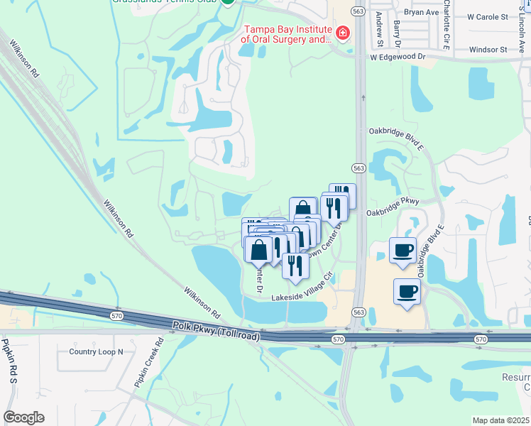 map of restaurants, bars, coffee shops, grocery stores, and more near 1555 Village Center Drive in Lakeland