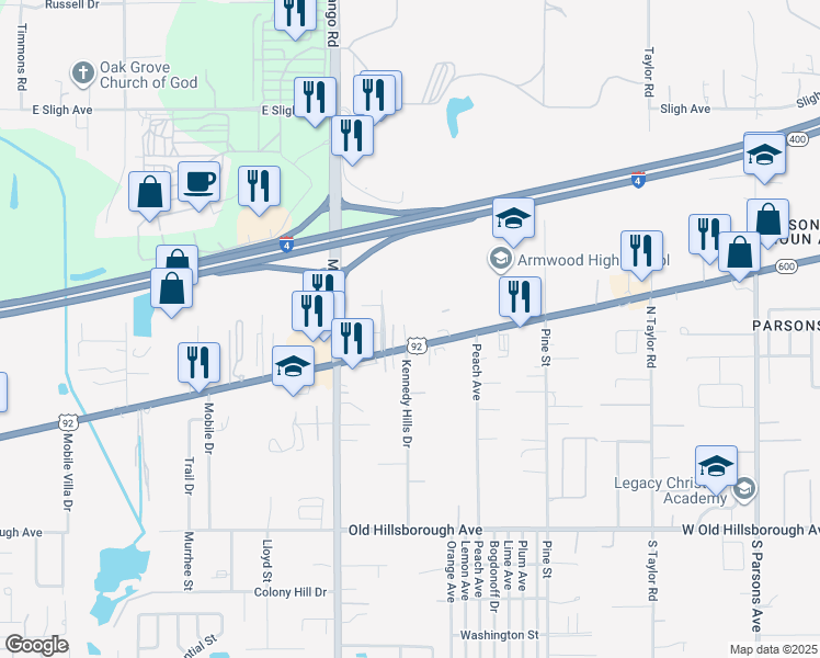 map of restaurants, bars, coffee shops, grocery stores, and more near 11808 East 92nd Highway in Seffner