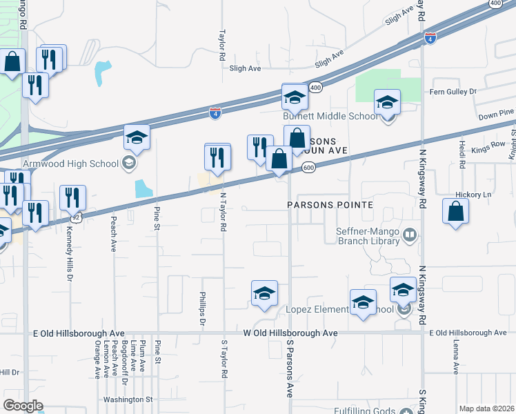 map of restaurants, bars, coffee shops, grocery stores, and more near 769 Parsons Mooring Court in Seffner
