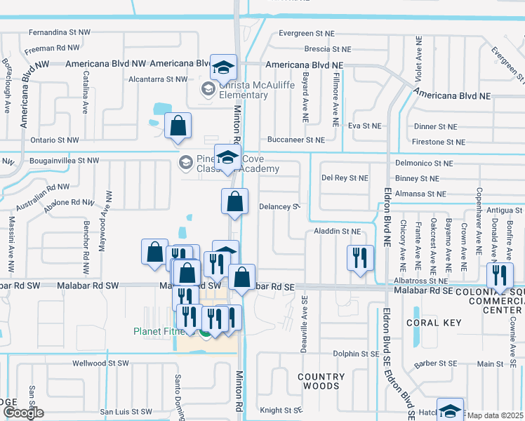 map of restaurants, bars, coffee shops, grocery stores, and more near 247 Aviation Avenue Northeast in Palm Bay