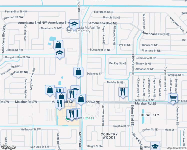 map of restaurants, bars, coffee shops, grocery stores, and more near 295 Greenway Avenue Northeast in Palm Bay