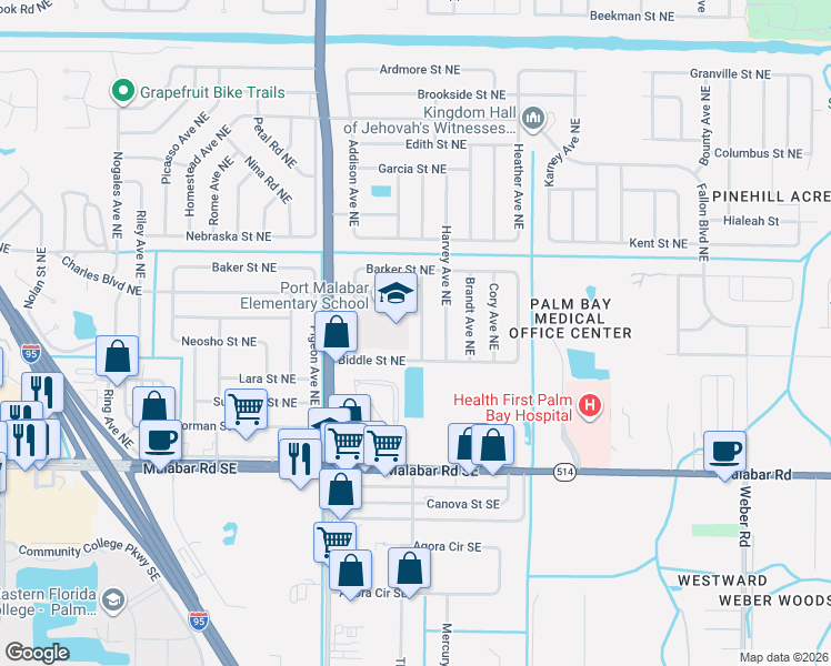 map of restaurants, bars, coffee shops, grocery stores, and more near 250 Cambridge Ave NE in Palm Bay