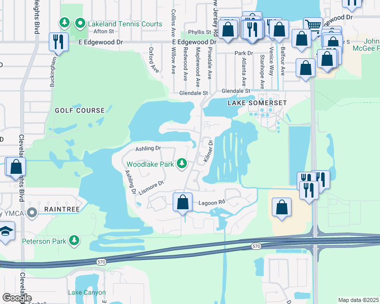 map of restaurants, bars, coffee shops, grocery stores, and more near 1215 Windjammer Drive in Lakeland
