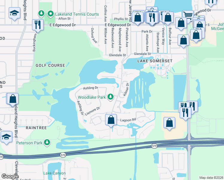map of restaurants, bars, coffee shops, grocery stores, and more near 1215 Windjammer Drive in Lakeland