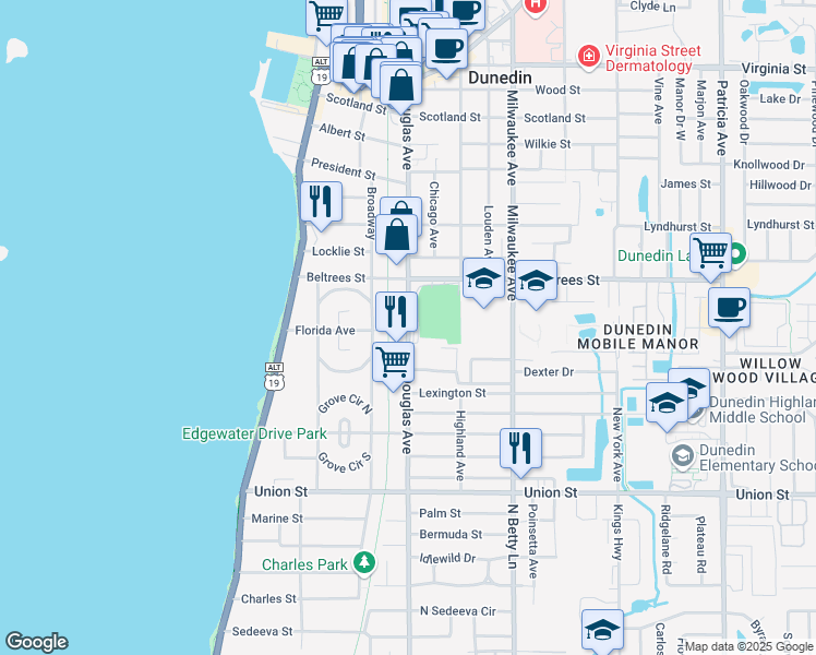 map of restaurants, bars, coffee shops, grocery stores, and more near 303 Douglas Avenue in Dunedin