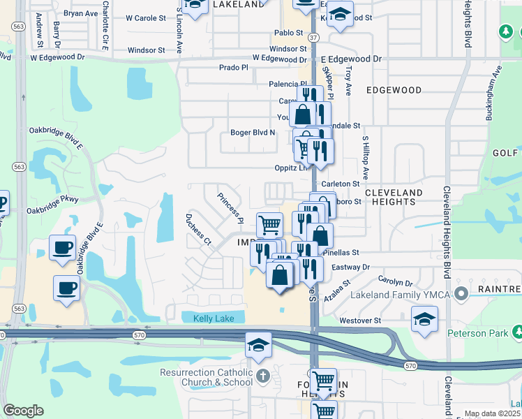 map of restaurants, bars, coffee shops, grocery stores, and more near 17 Harris Street in Lakeland