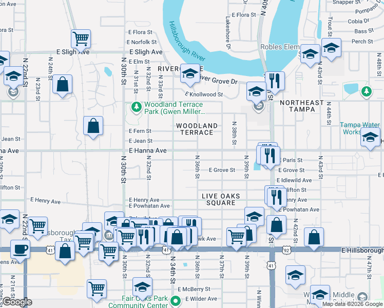 map of restaurants, bars, coffee shops, grocery stores, and more near 3418 East Hanna Avenue in Tampa
