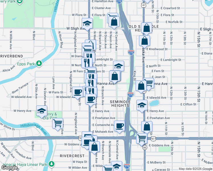 map of restaurants, bars, coffee shops, grocery stores, and more near 312 East Hanna Avenue in Tampa