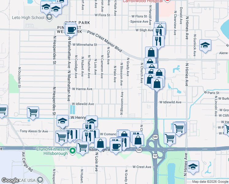 map of restaurants, bars, coffee shops, grocery stores, and more near 6201 North Hale Avenue in Tampa