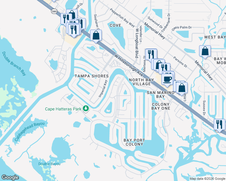 map of restaurants, bars, coffee shops, grocery stores, and more near 10530 Waterview Court in Tampa