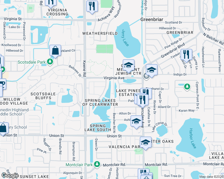 map of restaurants, bars, coffee shops, grocery stores, and more near 2246 Spring Lake Court in Clearwater