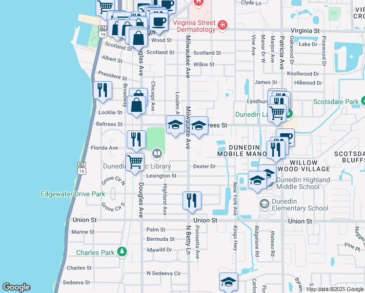 map of restaurants, bars, coffee shops, grocery stores, and more near 531 Beltrees Street in Dunedin