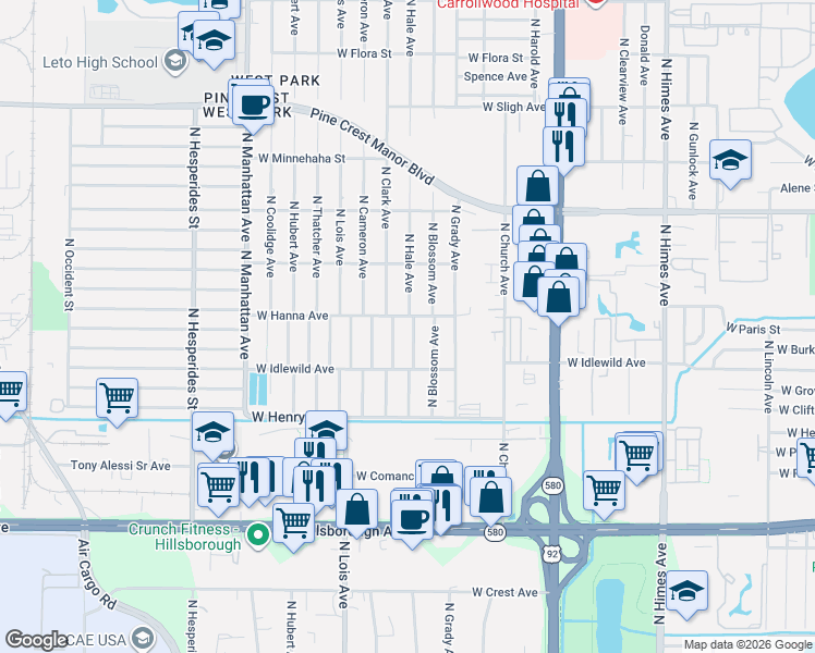 map of restaurants, bars, coffee shops, grocery stores, and more near 6201 North Hale Avenue in Tampa