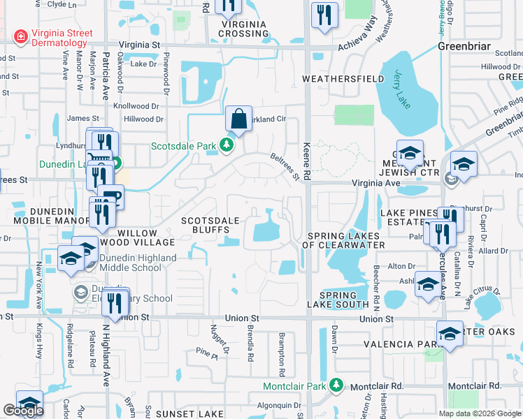 map of restaurants, bars, coffee shops, grocery stores, and more near 1380 Killie Court in Dunedin