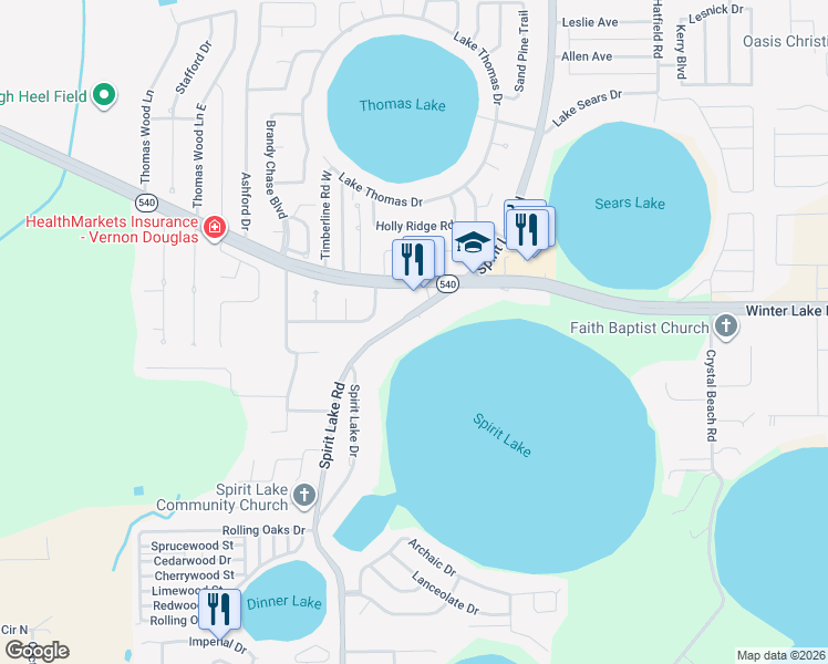 map of restaurants, bars, coffee shops, grocery stores, and more near 2024 Spirit Lake Road in Winter Haven