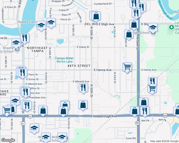 map of restaurants, bars, coffee shops, grocery stores, and more near 4912 East Hanna Avenue in Tampa