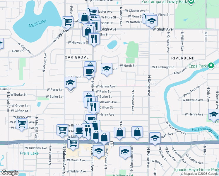 map of restaurants, bars, coffee shops, grocery stores, and more near 2116 West Hanna Avenue in Tampa