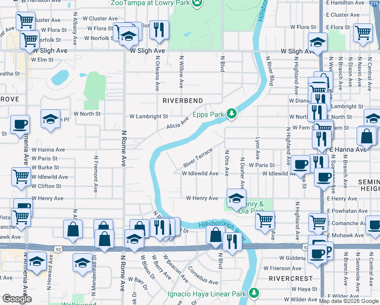 map of restaurants, bars, coffee shops, grocery stores, and more near 6104 River Terrace in Tampa