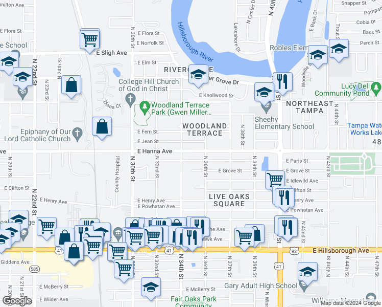 map of restaurants, bars, coffee shops, grocery stores, and more near 3407 East Hanna Avenue in Tampa