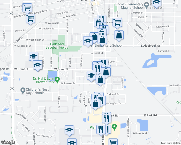 map of restaurants, bars, coffee shops, grocery stores, and more near 305 West Grant Street in Plant City