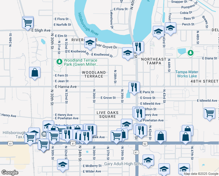 map of restaurants, bars, coffee shops, grocery stores, and more near 6202 North 38th Street in Tampa