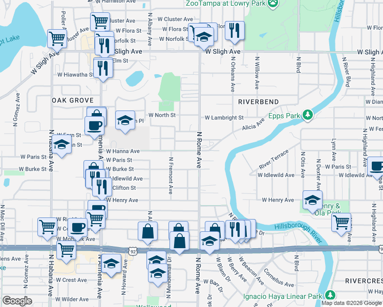 map of restaurants, bars, coffee shops, grocery stores, and more near 1711 West Hanna Avenue in Tampa