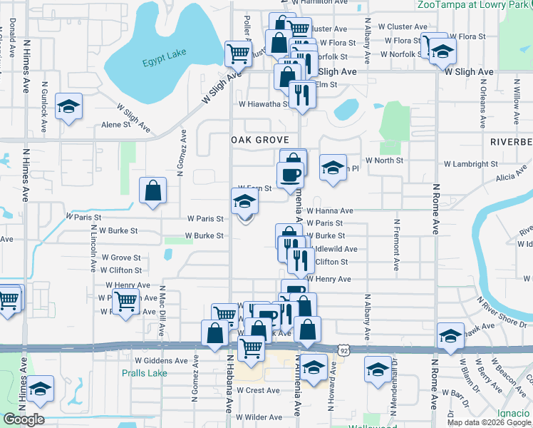 map of restaurants, bars, coffee shops, grocery stores, and more near 2520 West Jean Street in Tampa