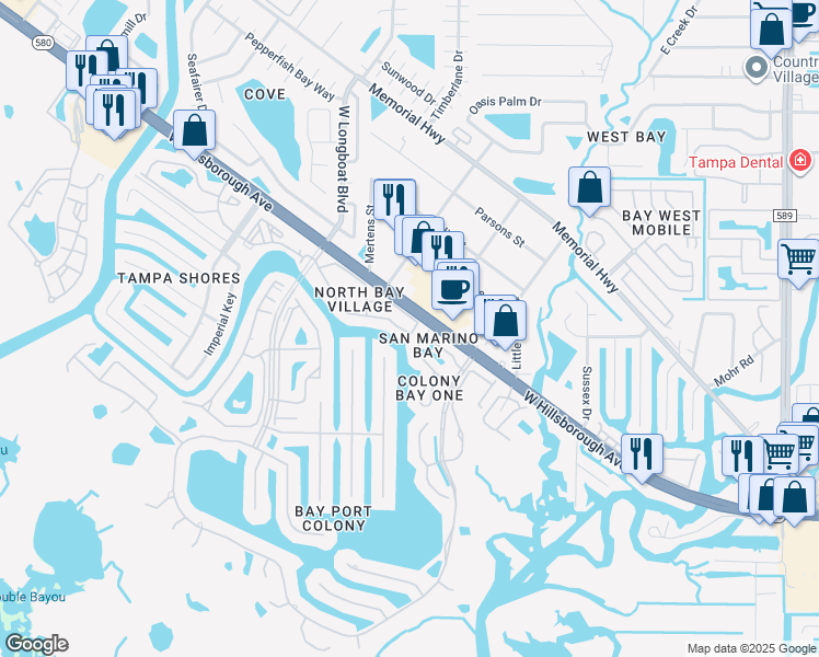 map of restaurants, bars, coffee shops, grocery stores, and more near 10037 West Hillsborough Avenue in Tampa