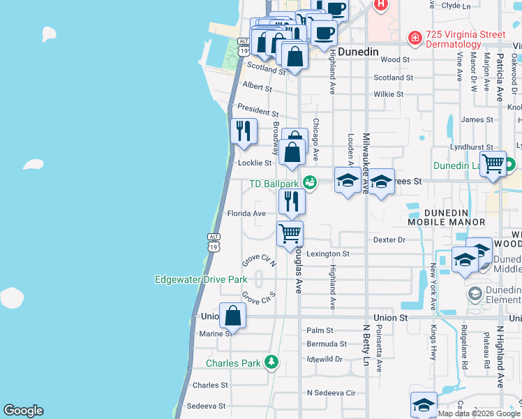 map of restaurants, bars, coffee shops, grocery stores, and more near 234 Florida Avenue in Dunedin