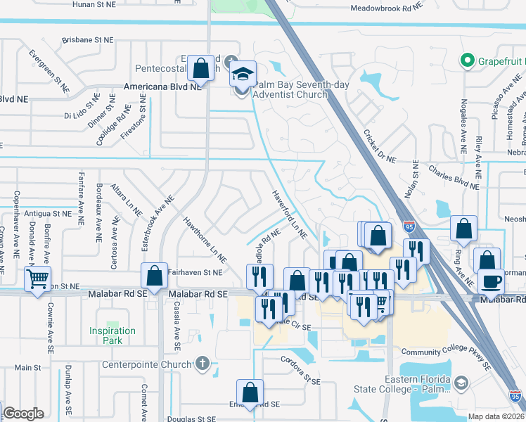 map of restaurants, bars, coffee shops, grocery stores, and more near 1095 Festivo Lane Northeast in Palm Bay