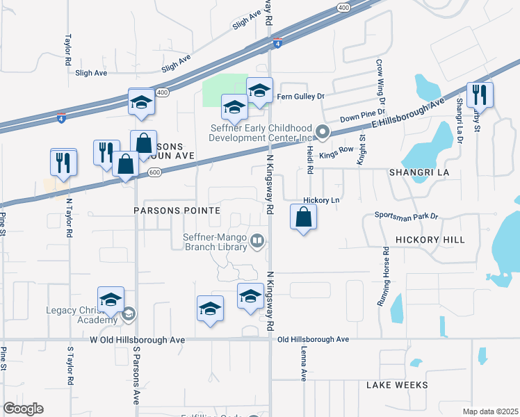 map of restaurants, bars, coffee shops, grocery stores, and more near 614 Clairvaux Rue in Seffner