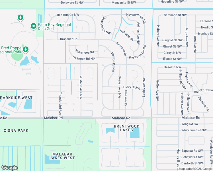 map of restaurants, bars, coffee shops, grocery stores, and more near 214 Gordon Road Northwest in Palm Bay