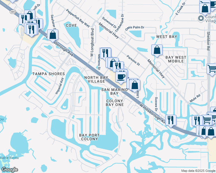 map of restaurants, bars, coffee shops, grocery stores, and more near 6324 Newtown Circle in Tampa
