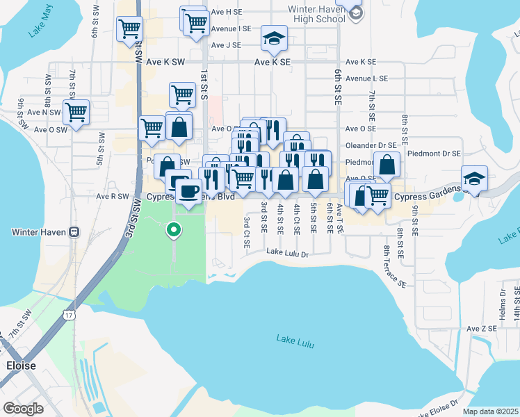 map of restaurants, bars, coffee shops, grocery stores, and more near 1801 3rd Street Southeast in Winter Haven