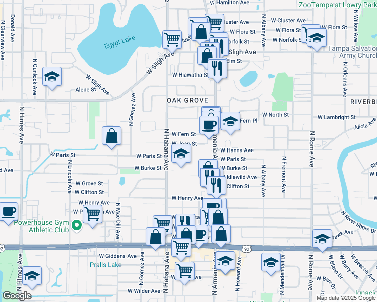 map of restaurants, bars, coffee shops, grocery stores, and more near 2520 West Jean Street in Tampa