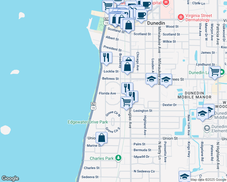 map of restaurants, bars, coffee shops, grocery stores, and more near 222 Park Circle North in Dunedin