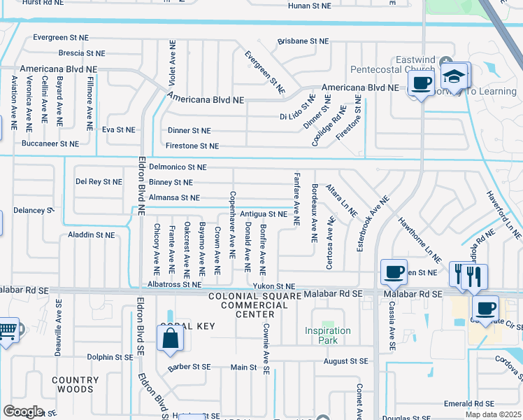 map of restaurants, bars, coffee shops, grocery stores, and more near 667 Antigua Street Northeast in Palm Bay