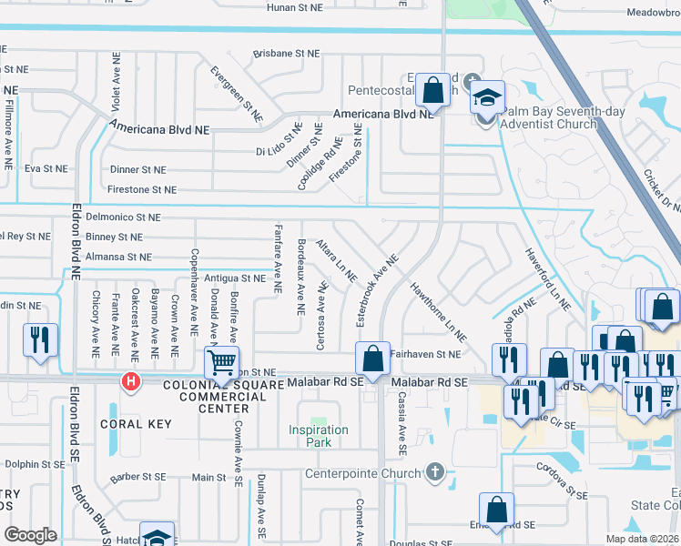 map of restaurants, bars, coffee shops, grocery stores, and more near 760 Altara Lane Northeast in Palm Bay