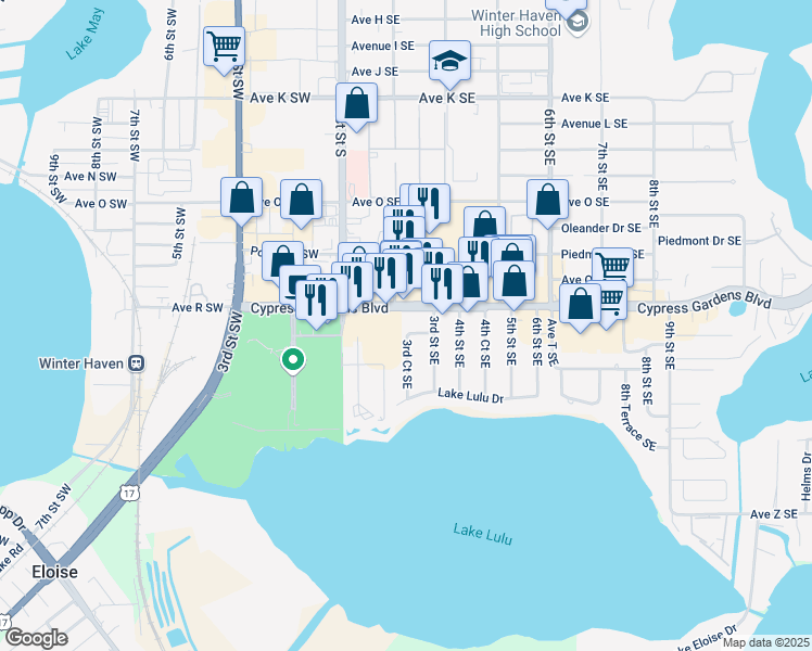 map of restaurants, bars, coffee shops, grocery stores, and more near 1807 3rd Court Southeast in Winter Haven