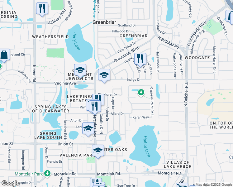 map of restaurants, bars, coffee shops, grocery stores, and more near 2070 Pinehurst Drive in Clearwater