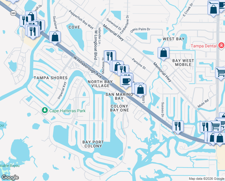 map of restaurants, bars, coffee shops, grocery stores, and more near 6324 Newtown Circle in Tampa