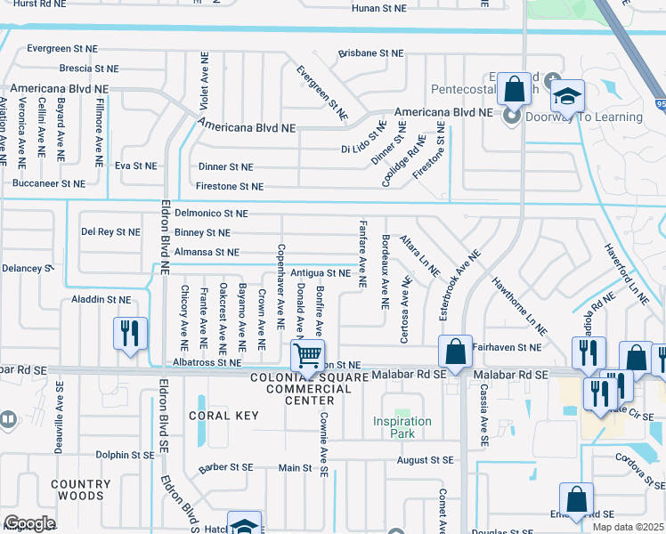 map of restaurants, bars, coffee shops, grocery stores, and more near 667 Antigua Street Northeast in Palm Bay