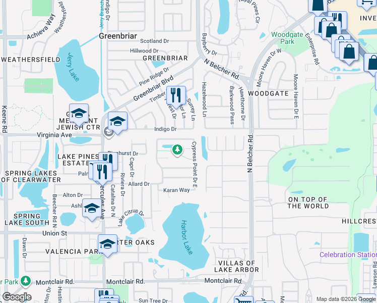 map of restaurants, bars, coffee shops, grocery stores, and more near 2181 Rivers Bend Court in Clearwater