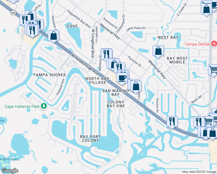 map of restaurants, bars, coffee shops, grocery stores, and more near 6324 Newtown Circle in Tampa