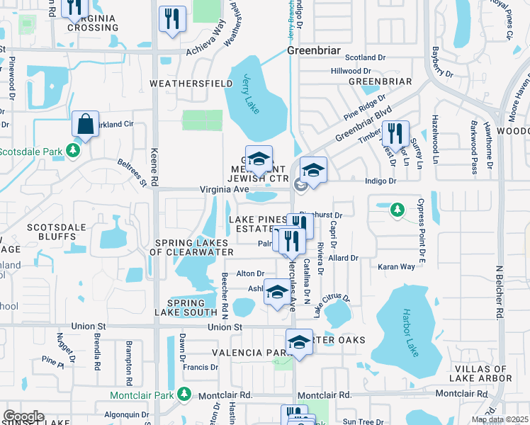 map of restaurants, bars, coffee shops, grocery stores, and more near 1932 Pinehurst Drive in Clearwater