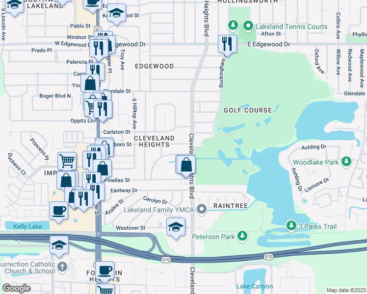 map of restaurants, bars, coffee shops, grocery stores, and more near 623 Oriole Drive in Lakeland