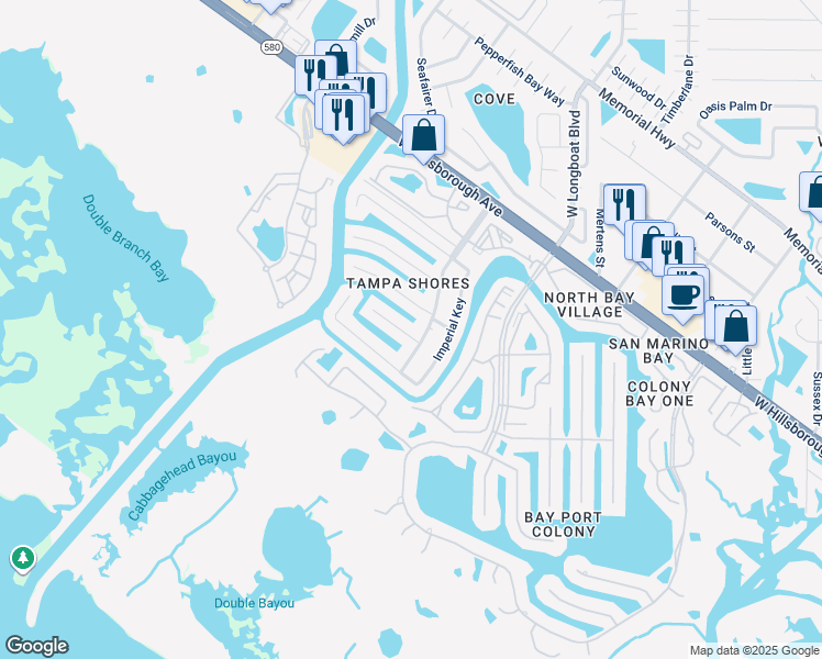 map of restaurants, bars, coffee shops, grocery stores, and more near 5906 Tampa Shores Boulevard in Tampa